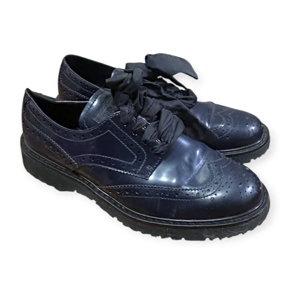 Prada Wingtip Oxford Ribbon Tie Shoes Navy Calf Leather 38.5 Early 2000s - Picture 1 of 11